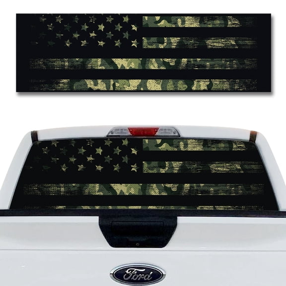Rear Window Decal for Trucks – American Camo 65 x 20 Inches, Weatherproof Perforated Vinyl See-Through Graphic, Fits Most Pickup Trucks & SUVs