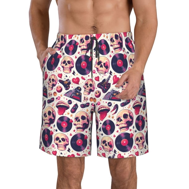 Fotbe Skull lips record Guitar Trajes de Baño Estampados para Hombre, Shorts de Verano de Secado Rápido, Ropa de Playa, Bañadores-Small