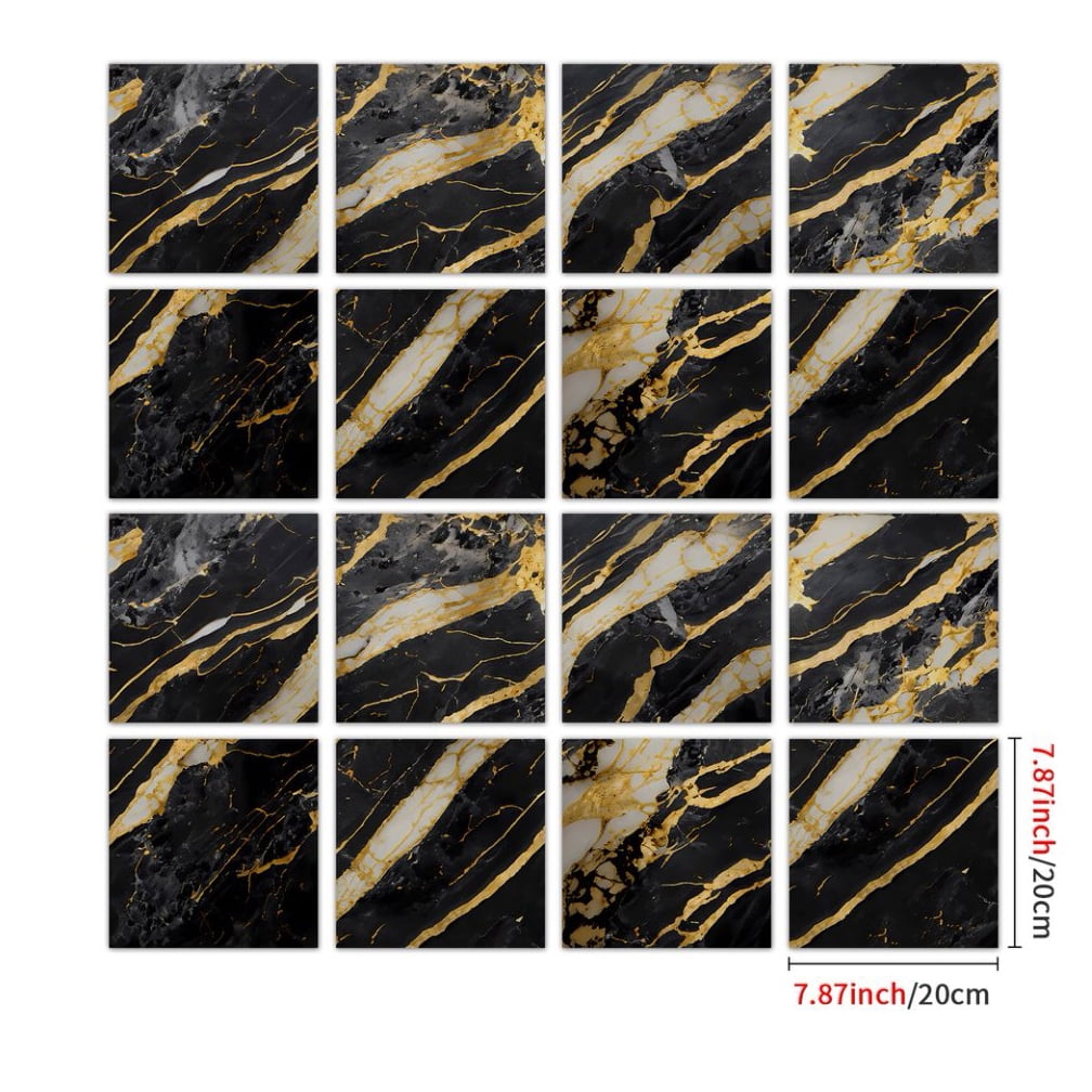 16 Piece Black Gray Gold Tile Stickers PVC Backsplash 8" x 8" Marbling Wall Decals DIY Decor Kitchen Peel and Stick Waterproof Tile
