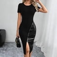 thumbnail image 2 of Women's Summer Short Sleeve Crew Neck Midi Dress PU Leather Zipper Split Bodycon Dresses Black, 2 of 7