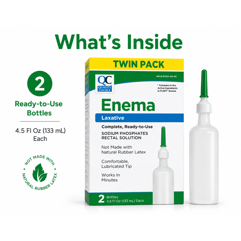 Quality Choice Ready-to-Use, Sodium Phosphates Rectal Solution, Enema Twin Pack, Latex Free, Lubricated Tips, 4.5 fl oz, 2 Ct HSA/FSA Eligible
