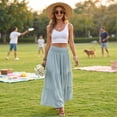thumbnail image 5 of Womens Elegant Flowy Maxi Skirt Pleated Tiered Cotton Linen A-Line Elastic Waist Midi Skirt, 5 of 8