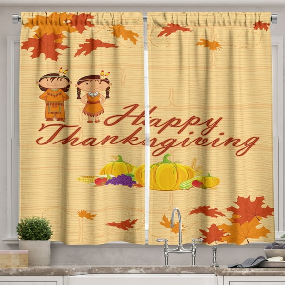 Kids Thanksgiving Curtains 2 Panels Set, Children in Native American Costume Preserving Indigenous Heritage, Window Drapes for Living Room Bedroom, 55W X 39L Inches, Orange Multicolor, by Ambesonne