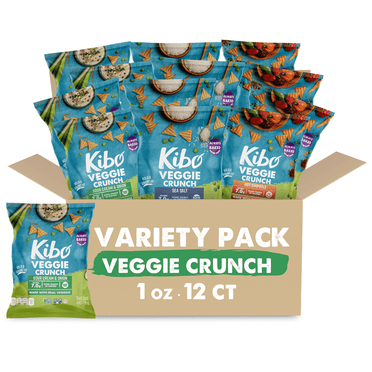 Kibo Healthy Snacks 3 Flavor Variety Pack Veggie Chips High Protein, Plant Based, Vegan, Gluten Free, Non GMO, Kosher, Bold & Crunchy - Sea Salt, Sour Cream & Onion, Hot Chipotle - 1 oz, 12