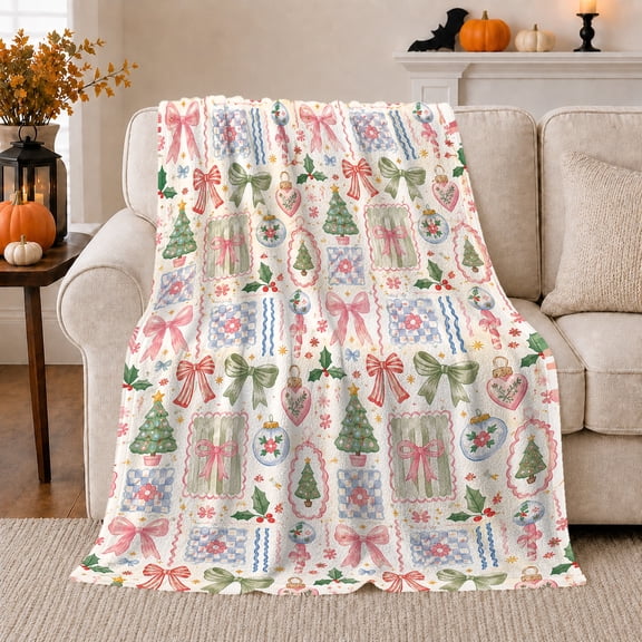 Coquette Christmas Bow Tree Pattern, Festive Holiday Scene, Warm Flannel Blanket for Living Room and Reading Nook, Art Lovers Christmas Gift, Festive Home Decor