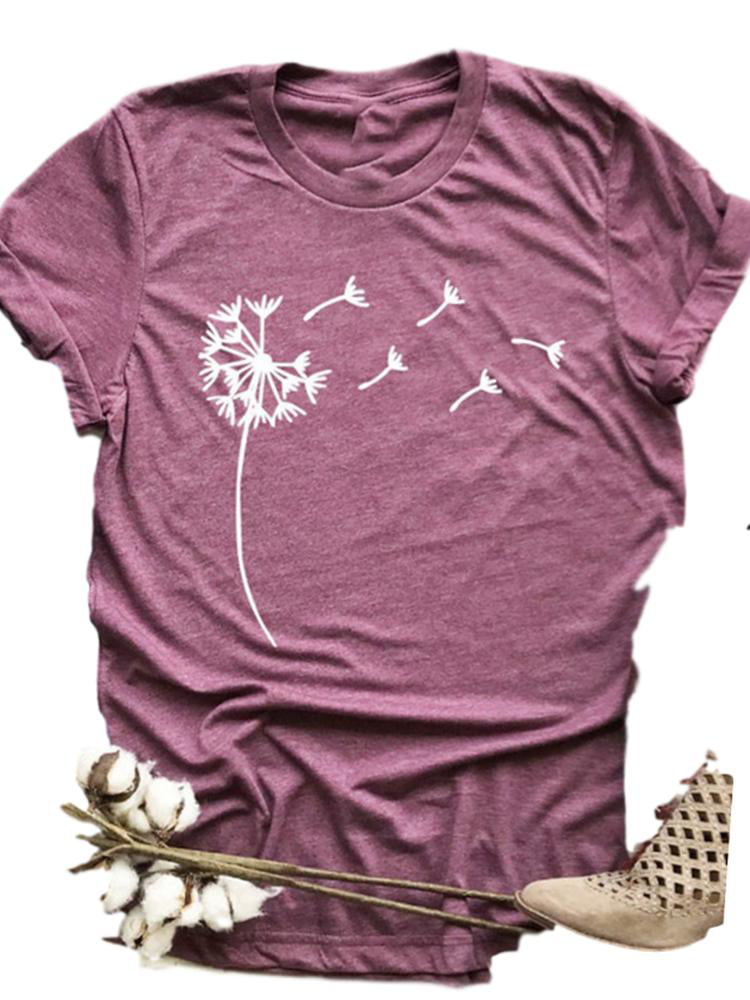 2021 Fashion Womens Funny Graphic T-Shirts Casual Dandelion Printing O-Neck Blouse Tops POTO Womens Short Sleeve Tops 