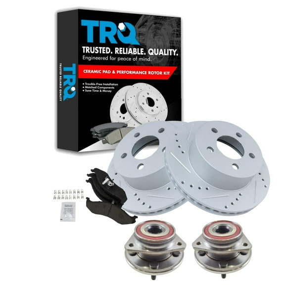 TRQ Front Performance Brake Pad & Rotor Kit Brake Pads Brake Rotors Set Wheel Hub Bearing Assembly Ceramic Premium G-Coated Fits Select 1999-2001 Jeep Cherokee 1997-2006 Wrangler