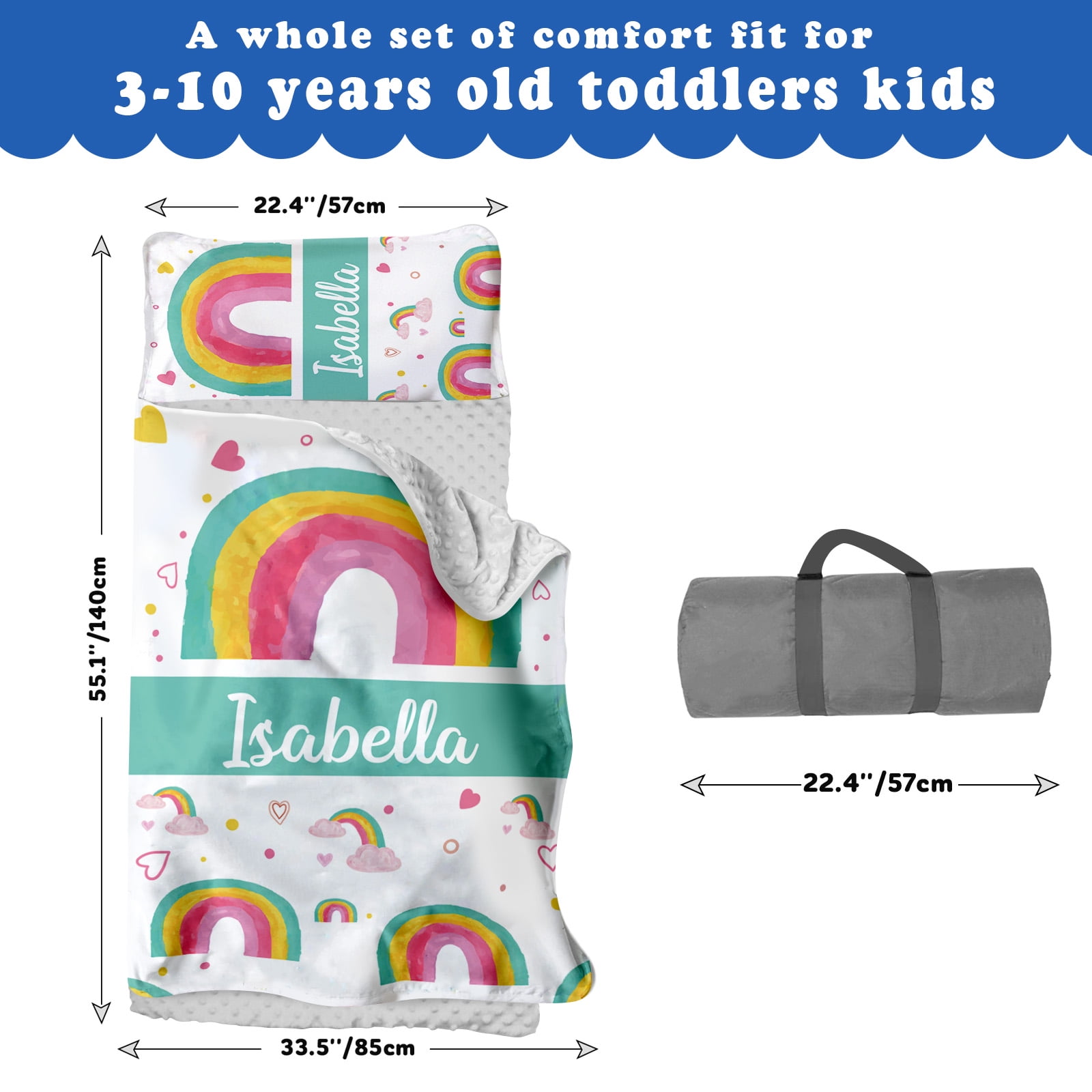 AOLOA Personalized Toddler Nap Mat, Custom Name Kids Sleeping Mat for Daycare Preschool Kindergarten, Green Rainbow Boys Girls Sleep Bag with Pillow Blanket Set, Portable Nap Sack for Infant Child