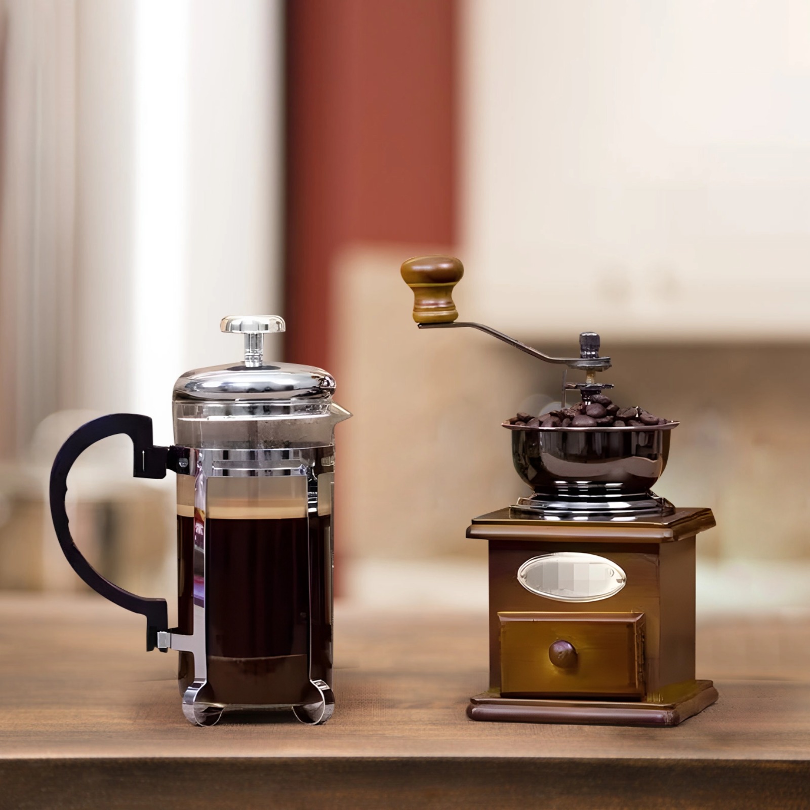 French Press Coffee Grinder Set - Metal & Wood Design, Burr Grinder & French Press for Smooth Coffee, Ideal for Home & Camping, Coffee Table Decor, 7.9 x 5.1 x 2.6 inches