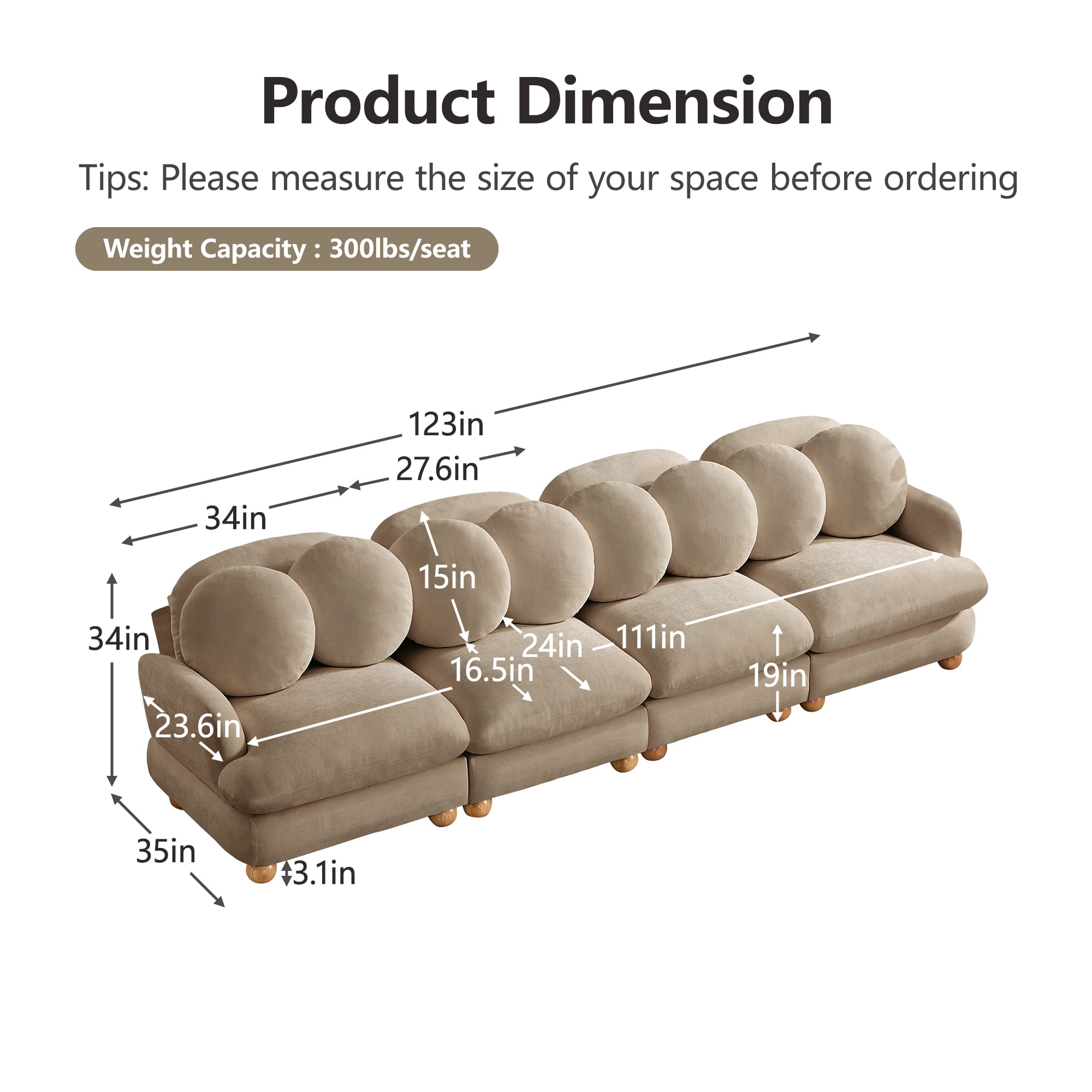 123" Large Chenille Modular Sectional Sofa 4 Seater Deep Seat Couch with 8 Throw Pillows
