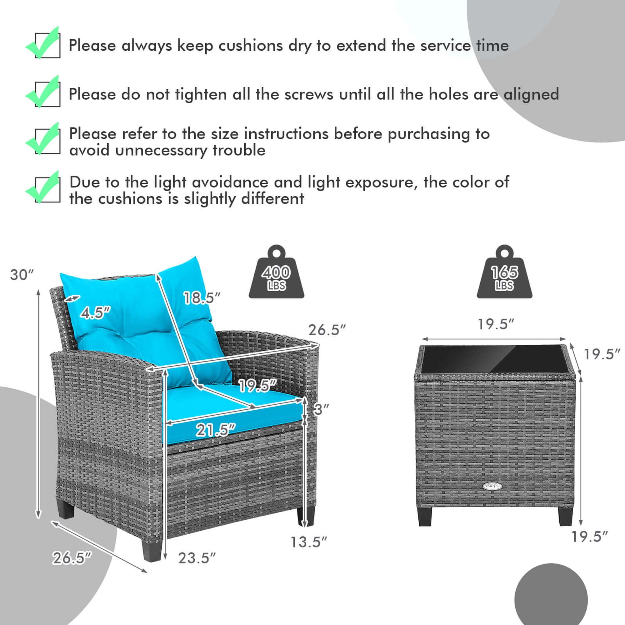 Costway 3-Piece Rattan Outdoor Patio Dining Set with Side Table Armrest, Gray/Turquoise