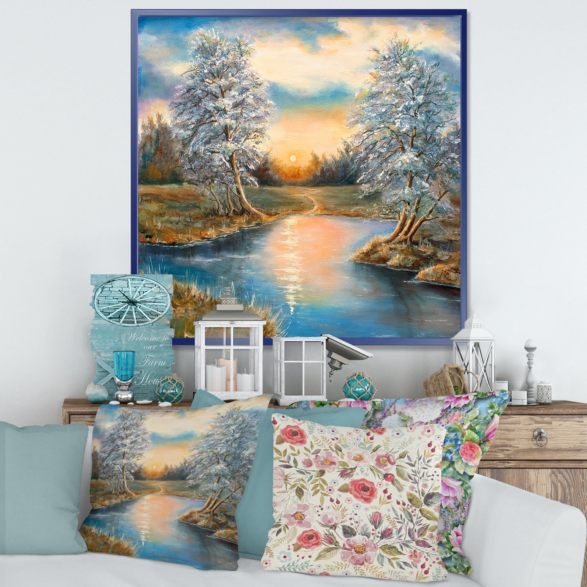 Designart 'Birches In The Autumn Woods Sunset' Lake House Framed Canvas Wall Art Print