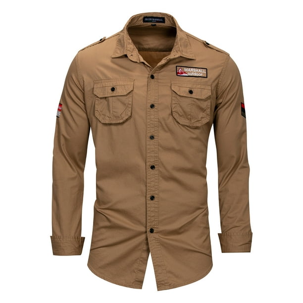 Men's Cotton Long Sleeve Military Button Down Shirts Cargo Work Shirt