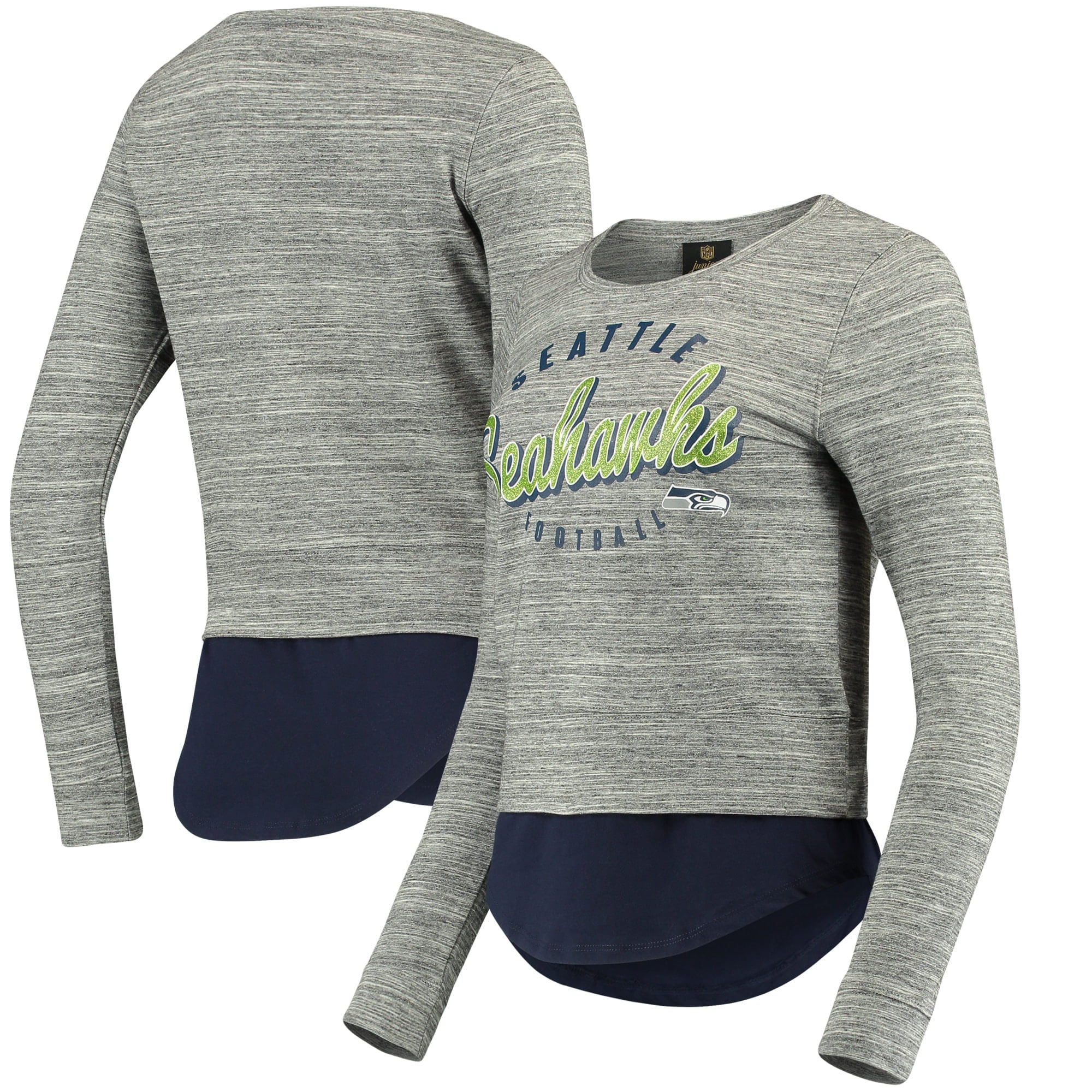 Seattle Seahawks Women's Juniors Shirt Tail Layered Long Sleeve T-Shirt - Heathered Gray/College 
