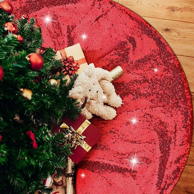 Dvkptbk Jupe d'Arbre de Noël à Paillettes pour Décoration de Fête de Noël 24 Pouces Jupe d'Arbre de Noël Scintillante Ornements de Noël pour Décoration de Fête des Fêtes (Rouge)