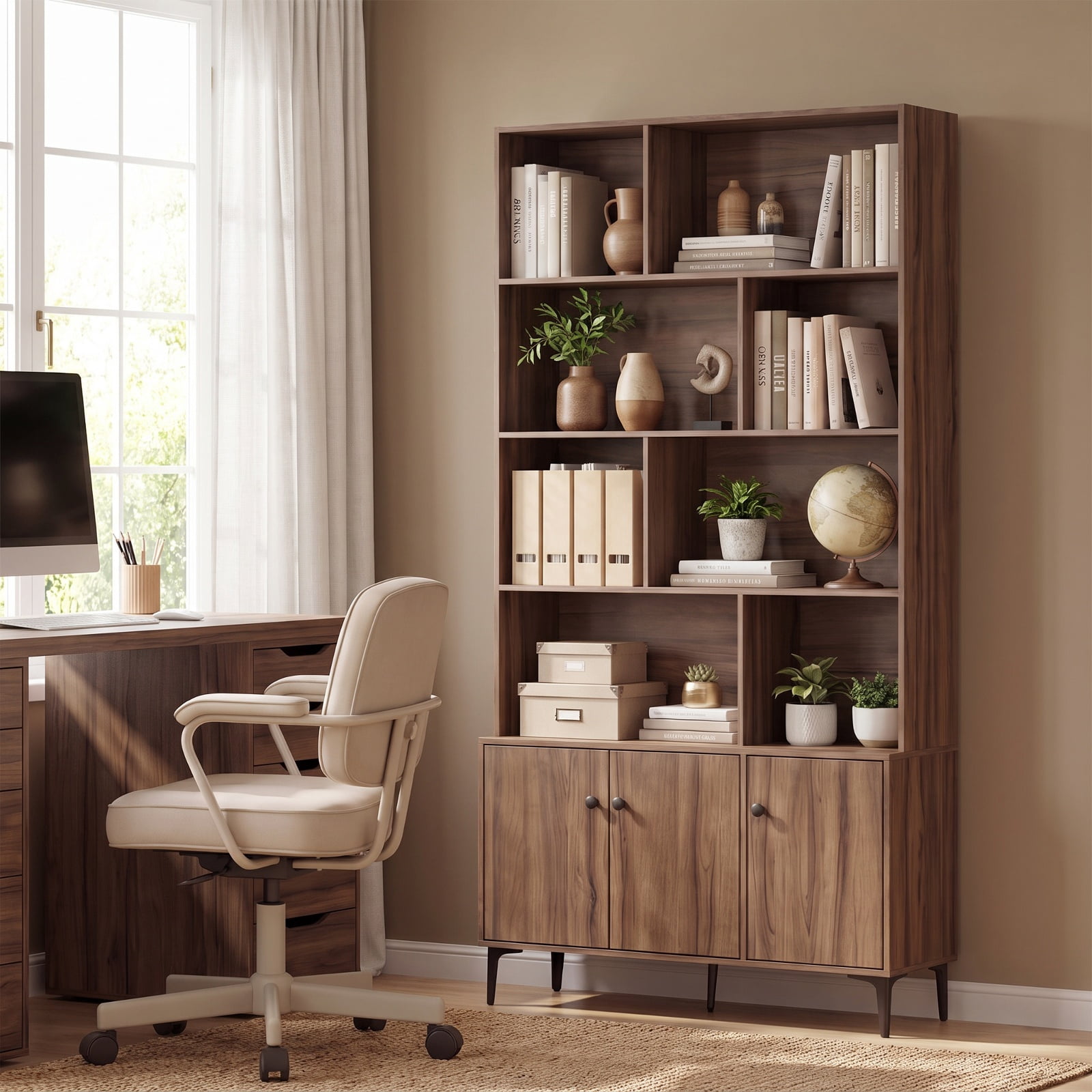 Furnibear Bookshelf with 3 Doors and 2 Anti-Tipping Kits for Home Office for Living Room Home Office Bedroom Display Storage Shelf, Walnut