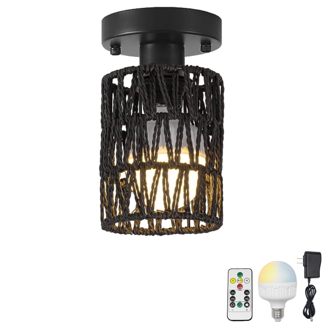 FSLiving Ceiling Light RV Twine Braiding Natural Decorative Light Hallway Light Wall Light, Rechargeable Battery Operated RGB Timer Mode Semi Flush Mount for RV Camper Black