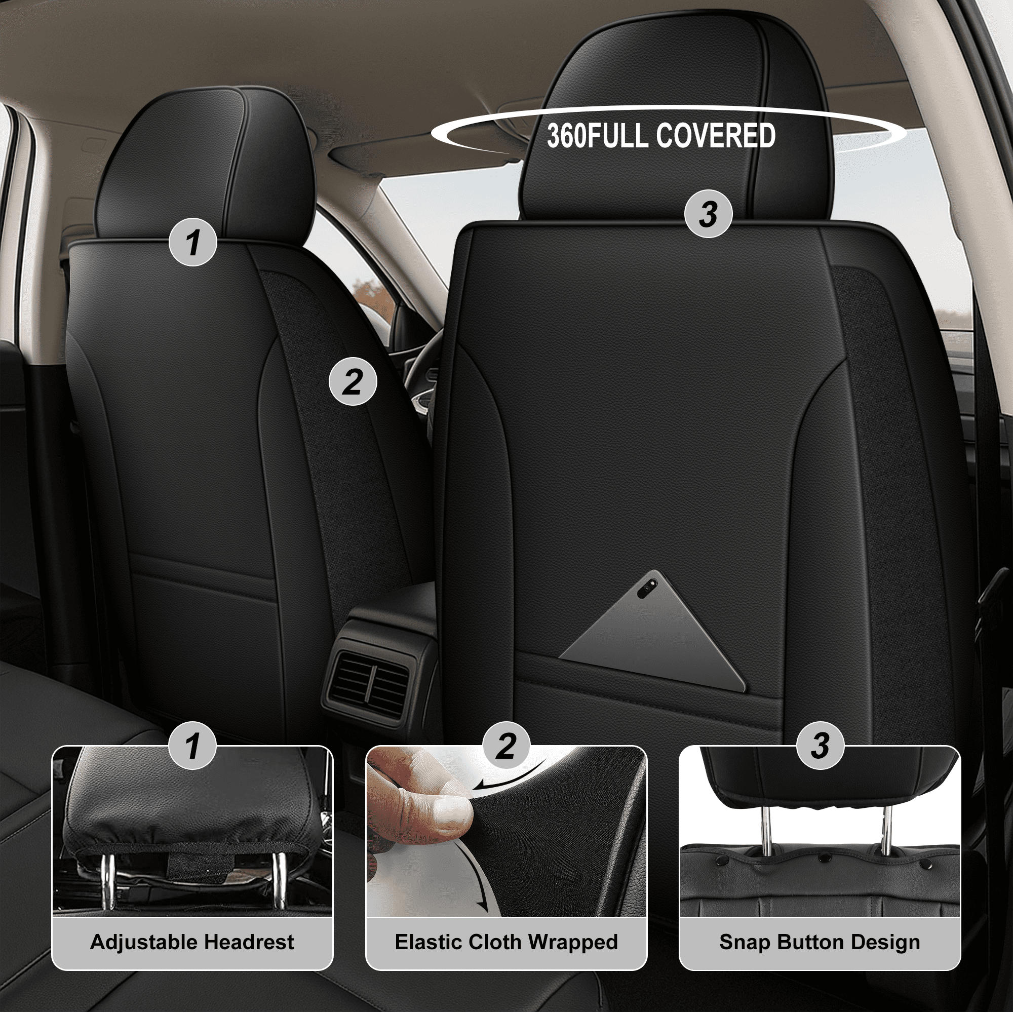 DIKSOAKR Car Seat Covers Front Seats for Lexus ES 350 300H 2007-2025 Waterproof Leather Seat Covers Comfort Car Seat Protector with Lumbar Support Black,Front Set(2 Seats)