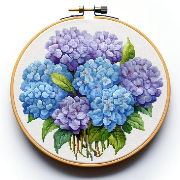 Purple and Blue Hydrangea Flower Stamped Cross Stitch Kits for Beginners Easy with Hoop 11CT Needlepoint Embroidery DIY Counted Cross Stitch Kits Art Craft Wall Decoration 35x35cm(3)