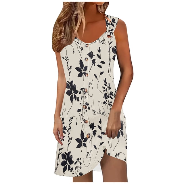 Ovzne Robes Grande Taille pour Femmes Rondes Robe pour Femme Robe de Vacances Printemps et Été à Boutons Col en V avec Bretelles Robe de Vacances Imprimée en Liquidation