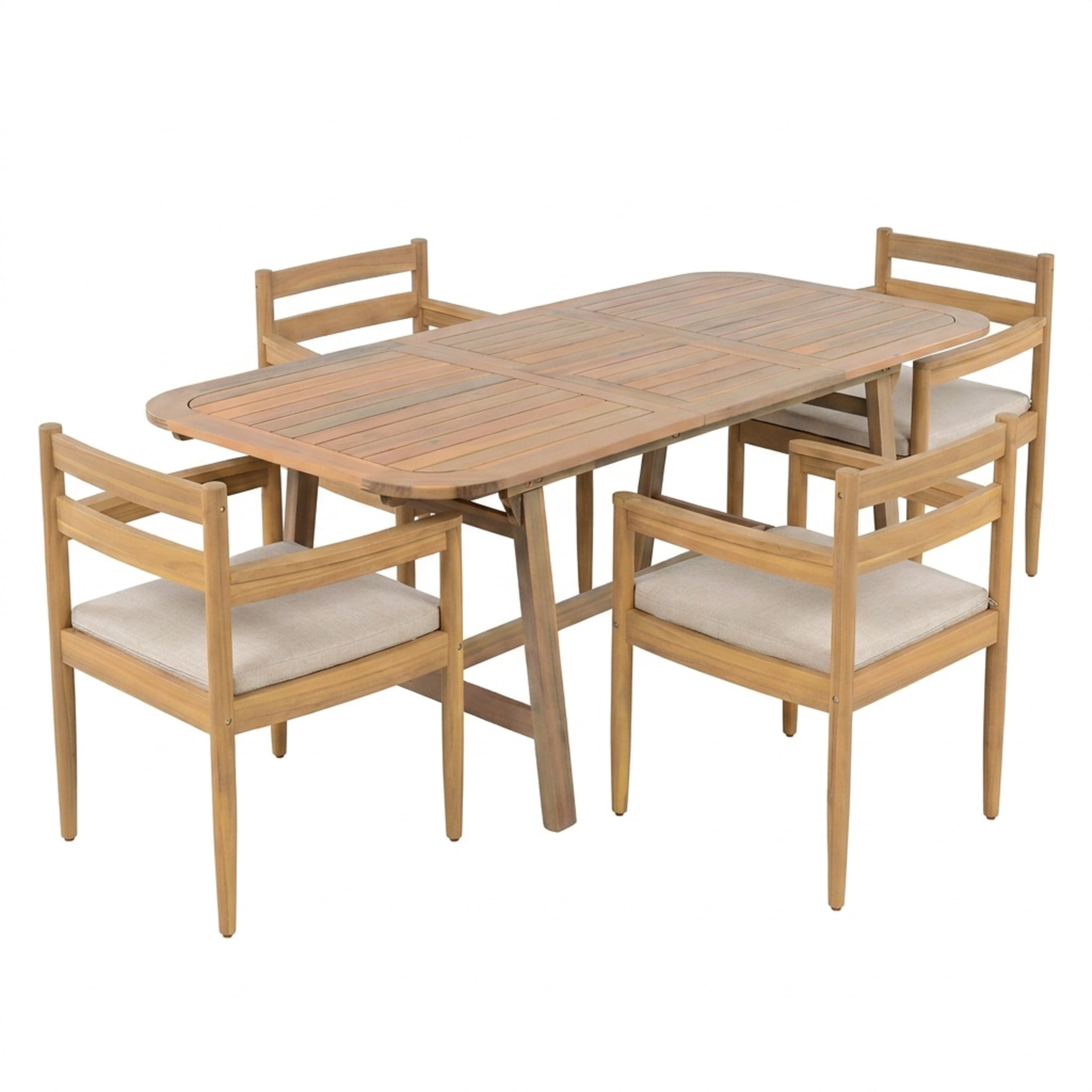 Christopher Knight Home 5-Piece Extendable Solid Wood Patio Dining Set with 4 Chairs, Light Teak+Beige