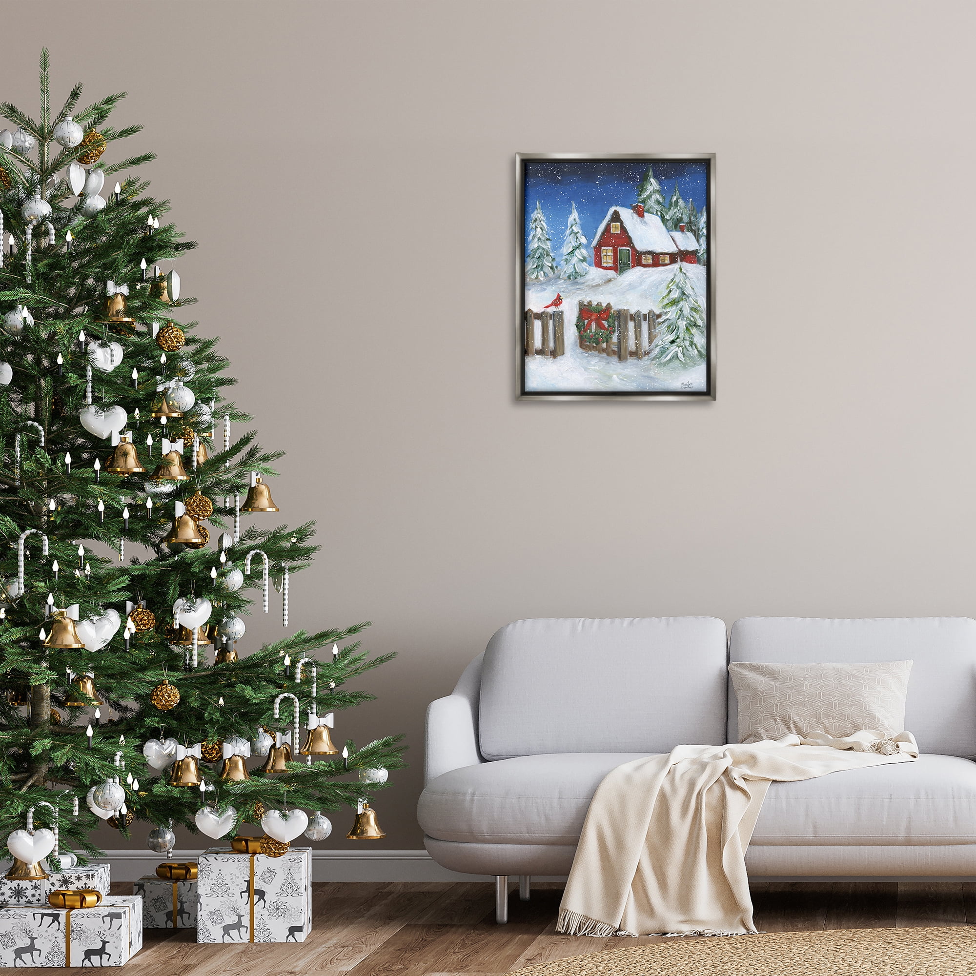 Stupell Industries Traditional Winter Scene Holiday Painting Gray Floater Framed Canvas Art Prints Wall Art, 25 x 31