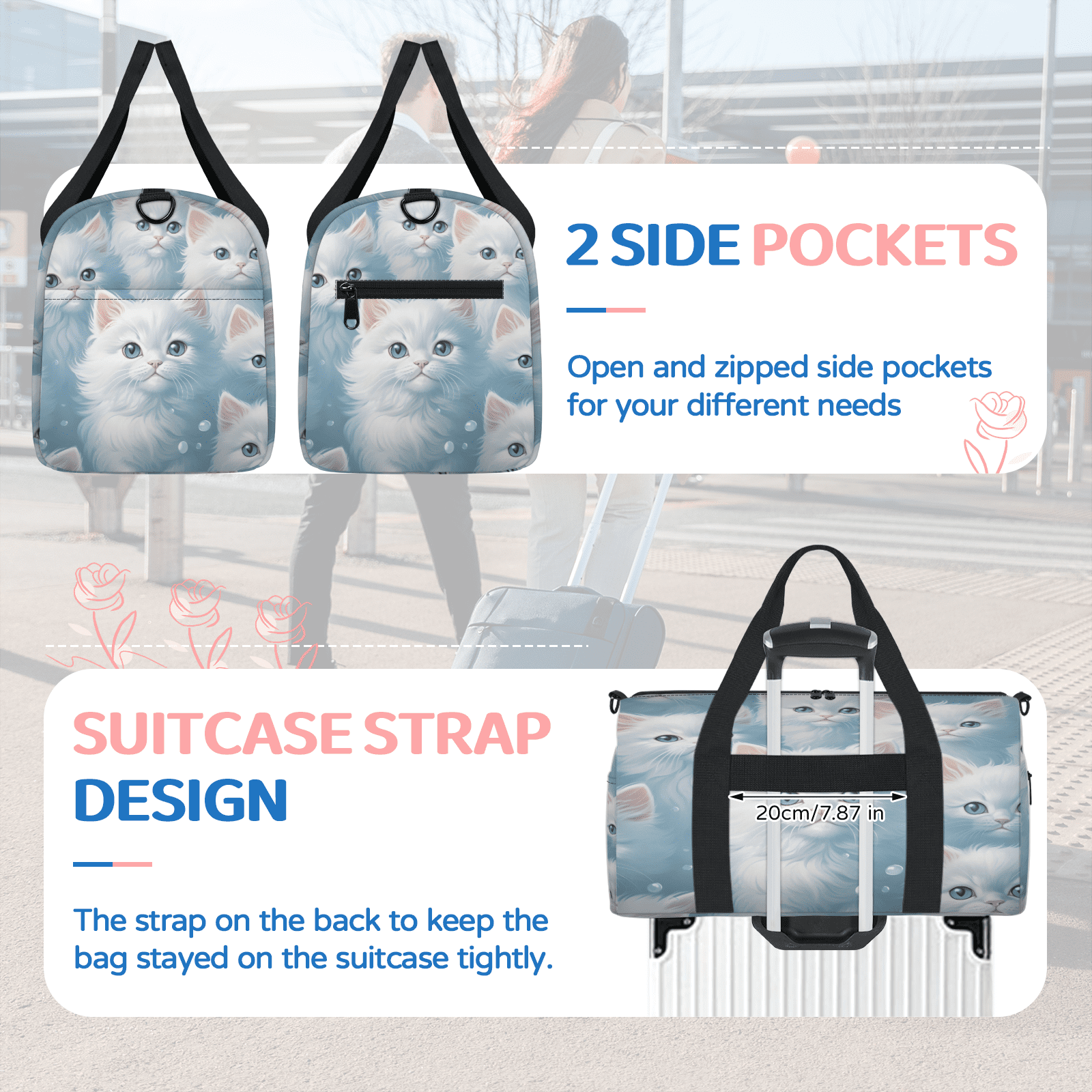 Herdesigns Cat Gym Bag for Women, Duffle Bag for Travel Sport, Cute Cat Lightweight Waterproof Carry on Weekender Dance Yoga Workout Bags