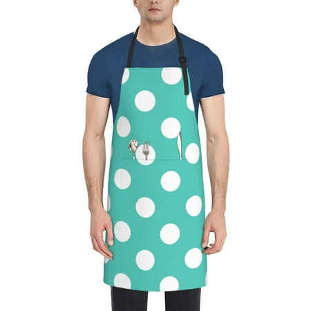 

Qekee Teal Turquoise And White Polka Dot Print Waterproof Apron with Pockets Adjustable Cooking Aprons Kitchen Bib for Baking Household Cleaning