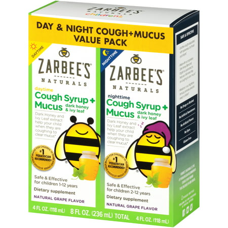 Zarbee's Naturals Children's Cough Syrup + Mucus with Dark Honey & Ivy Leaf Daytime & Nighttime , Natural Grape Flavor, 8 Fl. Ounces Total (Value Pack of (Best Cough Medicine For Toddlers)