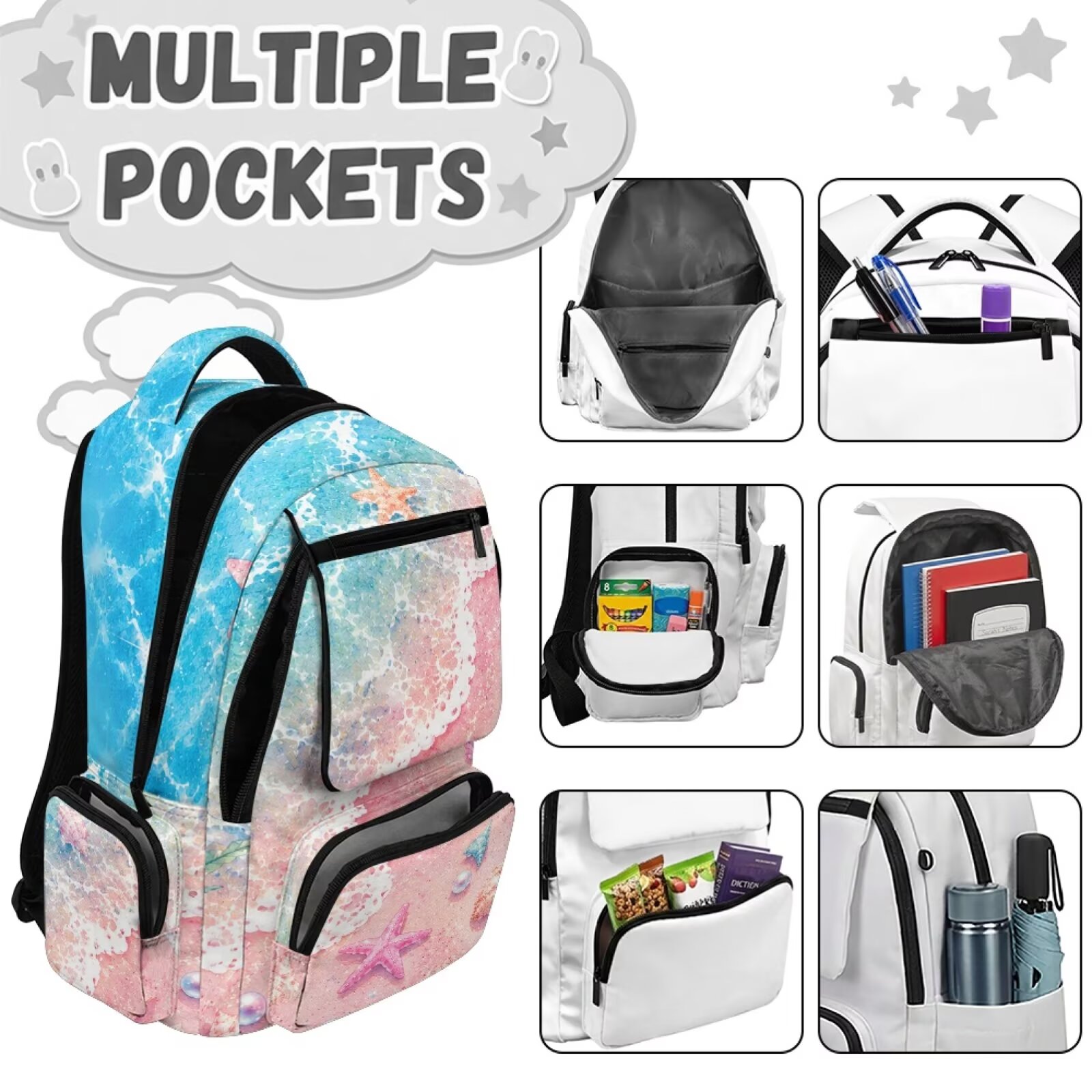 Mochila escolar de 17 pulgadas para niñas de primaria, con estampado de estrellas de mar y conchas, ligera para viajes 7