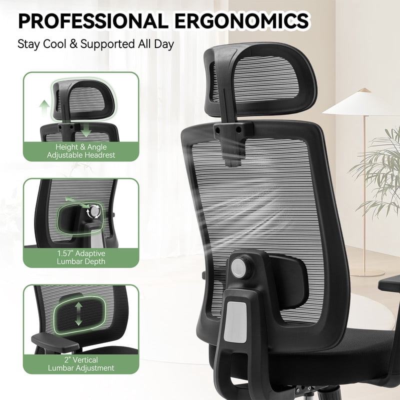 Walsunny Ergonomic Mesh Office Chair with Adjustable Headrest, Breathable High Back Mesh Computer Desk Chair with 360°Swivel Rolling Wheels, suitable for Home Office Workspace, Black