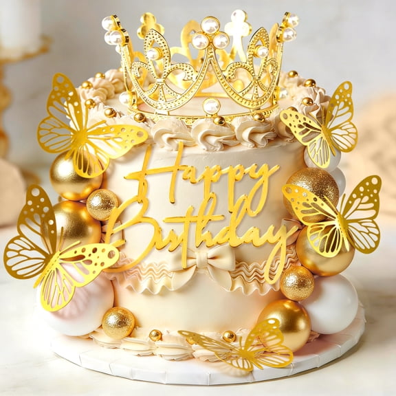Gold Crown Butterfly Cake Decorations 48PCS - Elegant Party Decor for Birthday Wedding Anniversary Dessert Table
