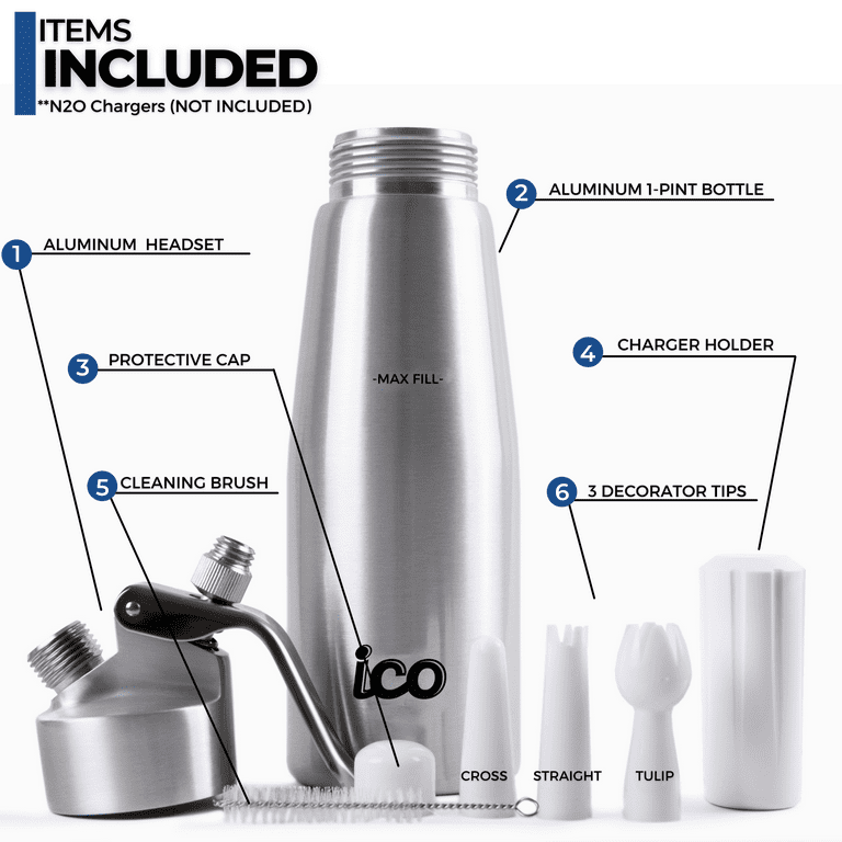  Professional Whipped Cream Dispenser 1 Pint Aluminum Cream  Whipper, Durable Stainless Steel Coffee Spoon, 3 Decorating Nozzles,  Charger Holder and Cleaning Brush (N2O Cartridge not Included) : Home &  Kitchen