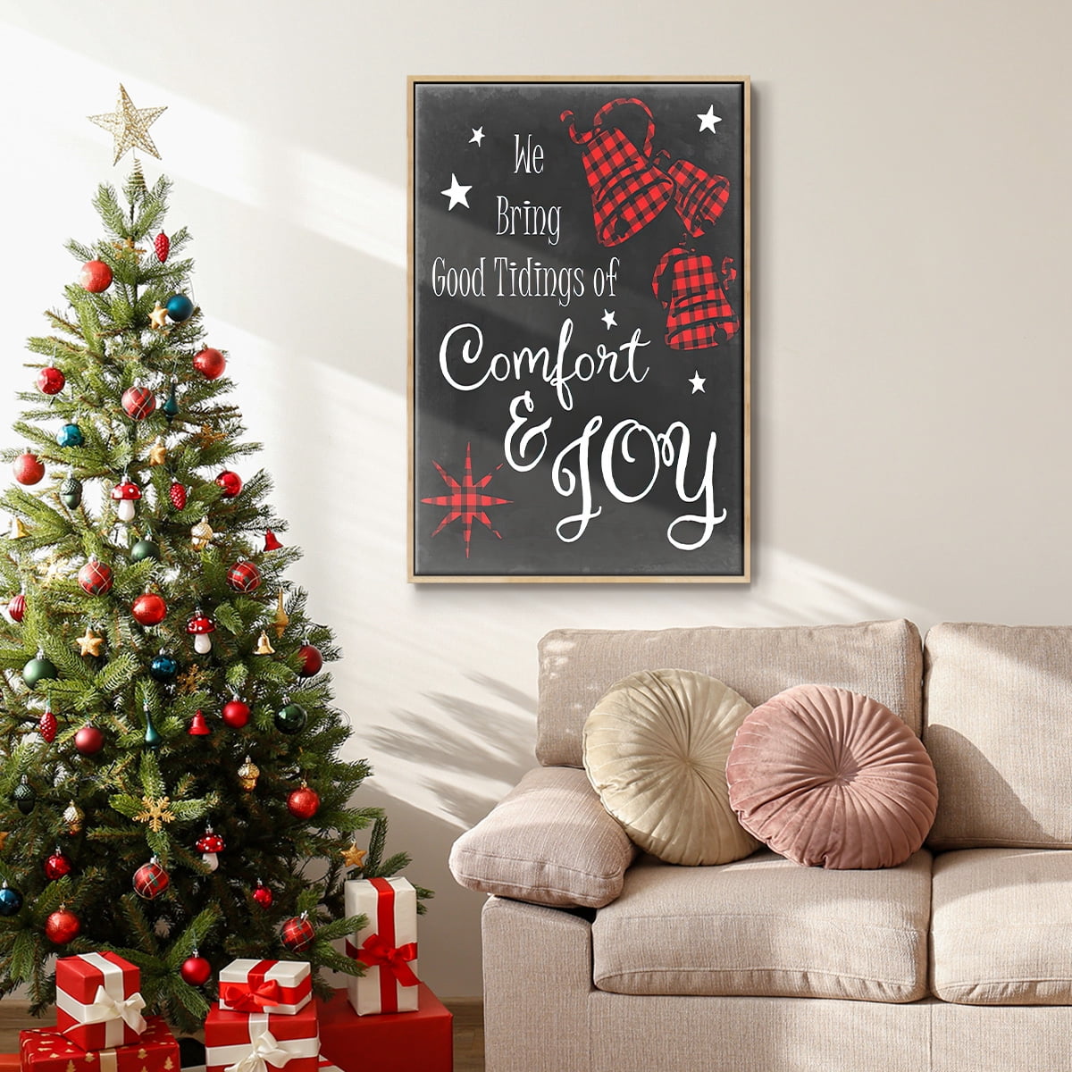 Comfort and Joy in Red - Framed Gallery Wrapped Holiday Canvas - 25 x 37 - Natural Wood Frame