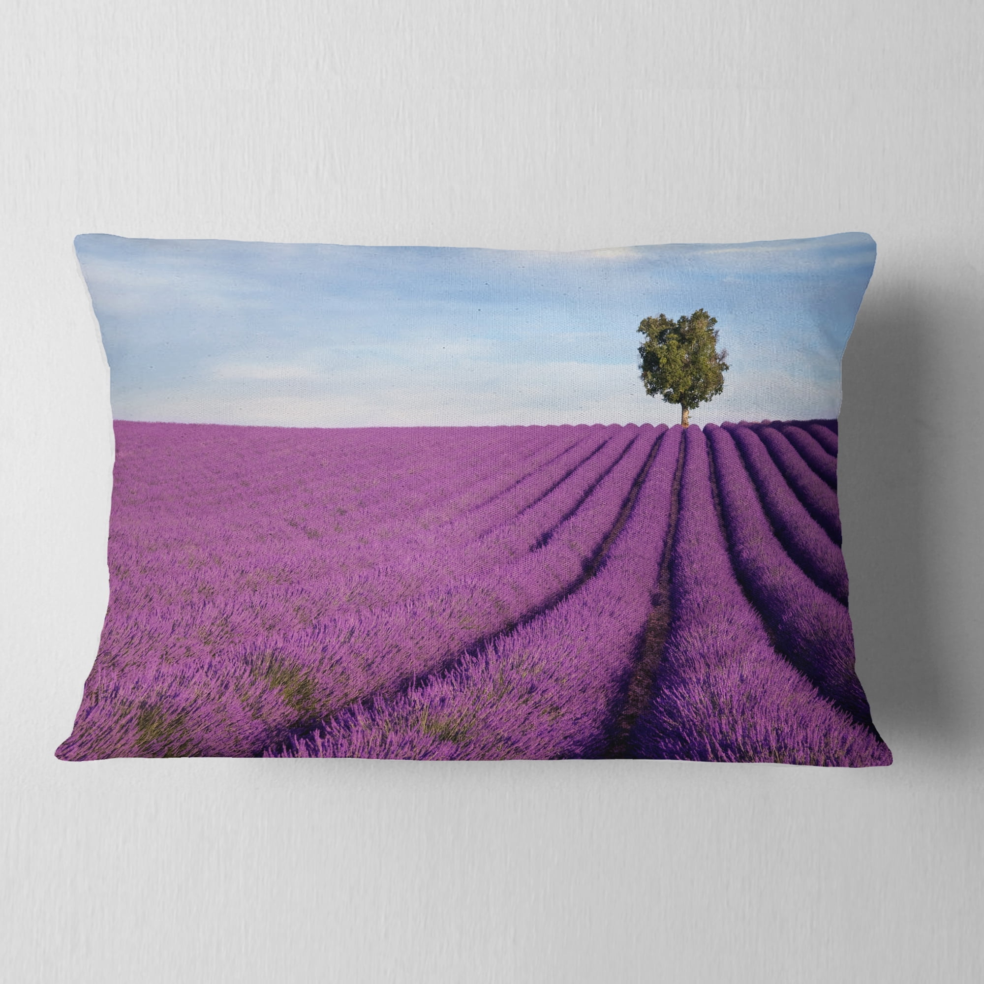 Designart Lavender Field with Solitary Tree - Landscape Photography Throw Pillow - 12x20