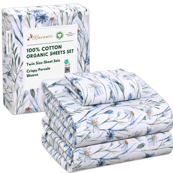 RUVANTI 100% Organic Cotton Sheets - Twin Sheet Set - 3 Piece Percale Weave Bedding, Crisp, Cooling & Breathable, Soft & Durable, 15" Deep Pocket, Hotel Quality Sábanas - Daisy Bud