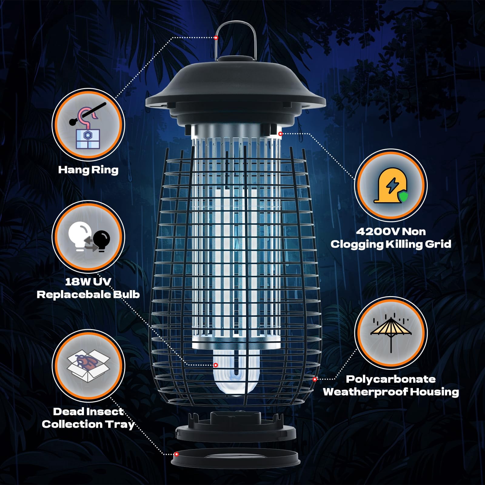 Zapper Indoor & Outdoor  4200v Electric Mosquito 10 Years Lifespan 6.5ft Power Cord Waterproof Fly Killer For Home Patio Kitchen Backyard Camping