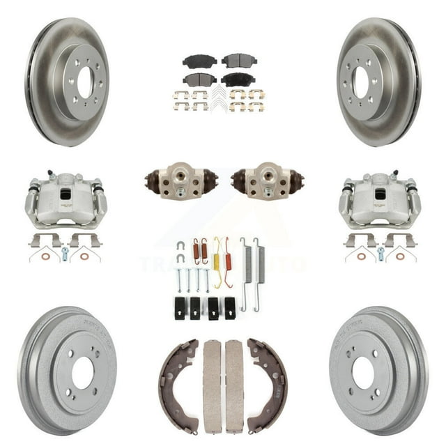Transit Auto Front Rear Disc Brake Caliper Coated Rotors Drums Ceramic Pads Shoes Wheel Cylinders and Hardware Kit (11Pc) for Car Honda Fit KCG-100343T