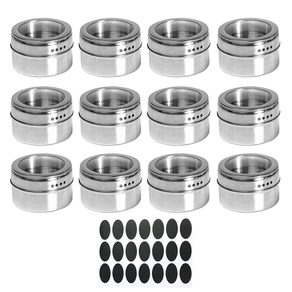 12x Multi-Purpose Spice Storage Tins Clear Top Lid with Sift or Pour Magnetic 