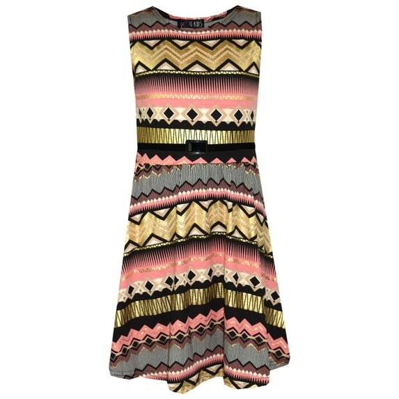 Girls Skater Dress Kids Aztec Print Summer Party Swing Midi Dresses 7-13 Years