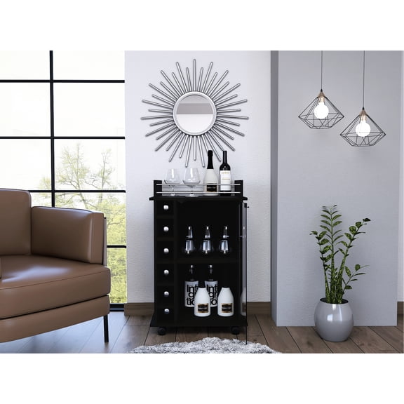 36.04-inch Tall Bar Cart With 6 Compartment, 3 Shelves, Black Capacity In , Functional Shelves