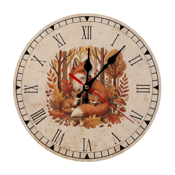 Vintage Fox Cubs Forest Durable Wooden Analog Wall Clock, Silent Sweep Clock for Living Room & Office Decor