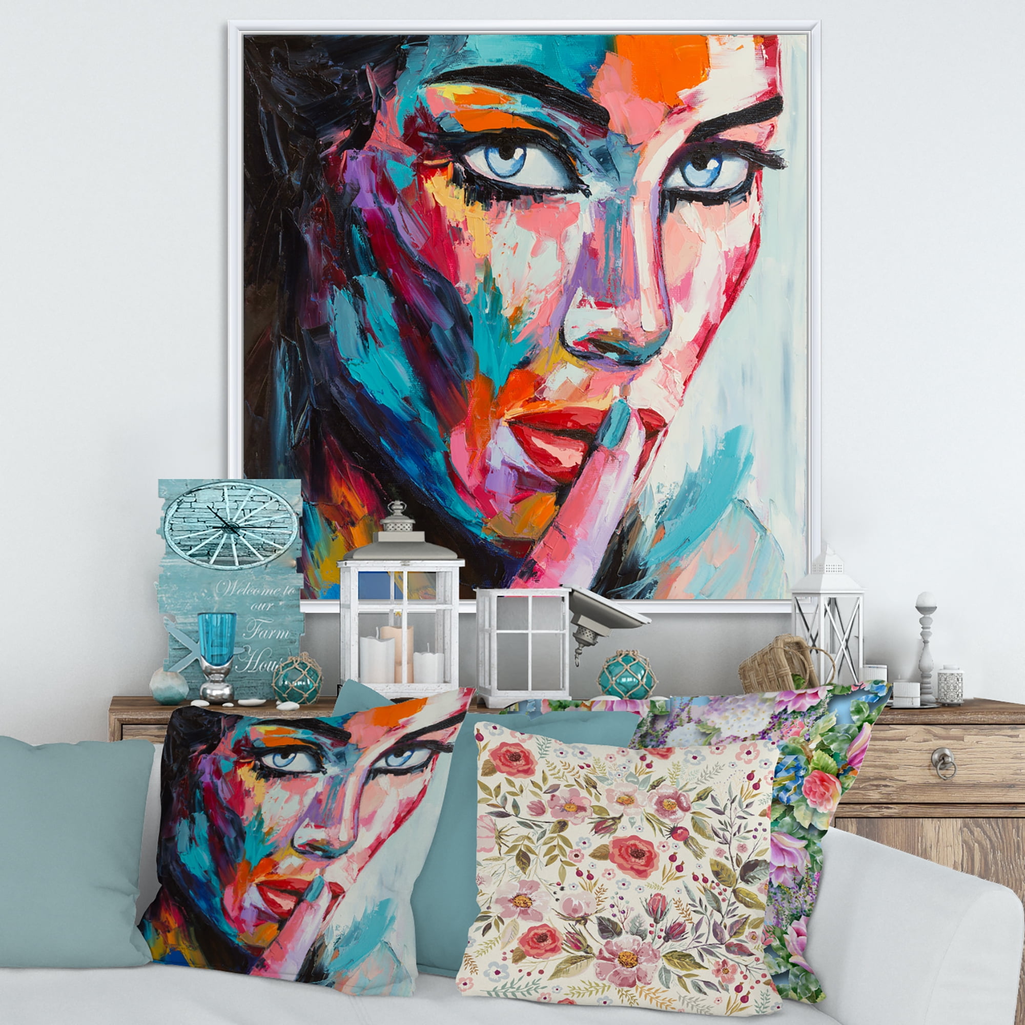Designart 'Abstract Portrait Of A Young Woman With Blue Eyes II' Modern Framed Canvas Wall Art Print