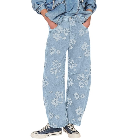 sicmoss Women's Blue Y2K Distressed Barrel Jeans Baggy Wide Leg Floral Print Long with Patchwork