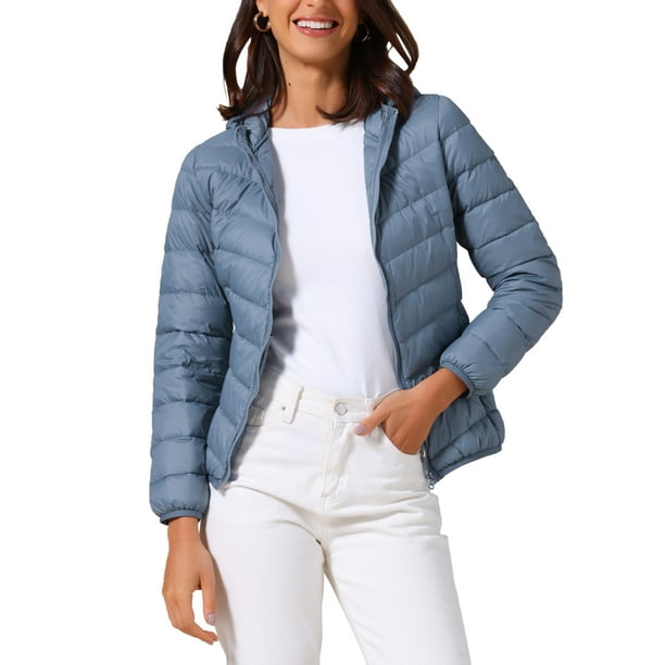 CHAQUETA DE PLUMAS CON CAPUCHA PARA MUJERES INSPIRADA CHIC, CORTA, EMPACABLE, ULTRA LIGERA, INVIERNO, TALLA XL, AZUL