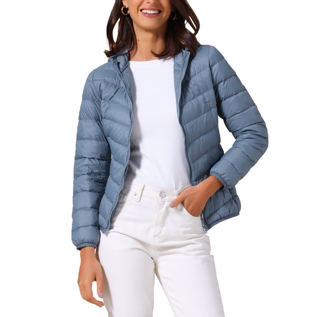 CHAQUETA DE PLUMAS CON CAPUCHA PARA MUJERES INSPIRADA CHIC, CORTA, EMPACABLE, ULTRA LIGERA, INVIERNO, TALLA XL, AZUL