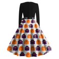 thumbnail image 5 of Halloween Dresses for Women Pumpkin Printed Long Sleeve Scary Tea Length Dress Bone 1950s V-Neck Spooky Dresses with Belt L, 5 of 5
