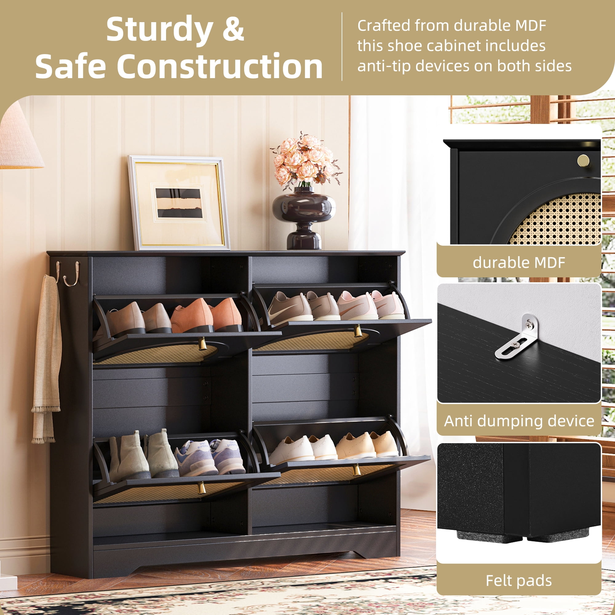 Euroco Mid-Century Rattan Shoe Cabinet with 4 Flip Drawers, Arched Doors, and Side Hooks, Holds up to 12 Pairs of Shoes