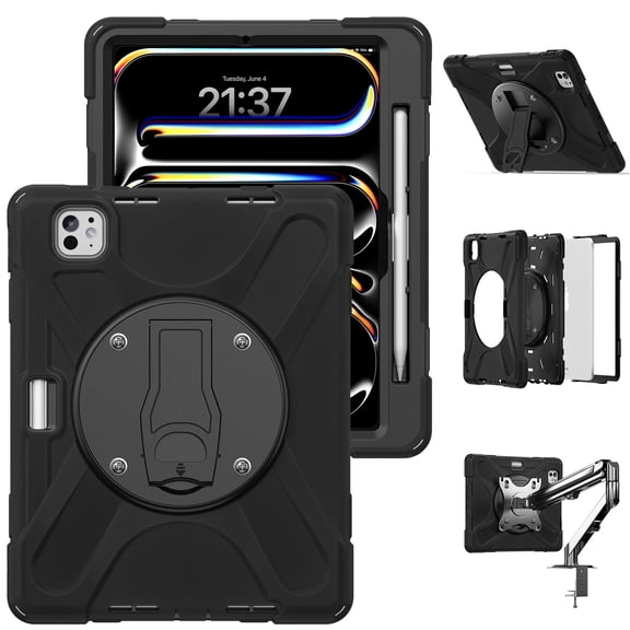 FJLBDE Case for iPad Pro 11 Inch M5 2025 / M4 2024, Shockproof Protective Tablet Cover with Mounting Holes, Wall Mount and Stand, Black