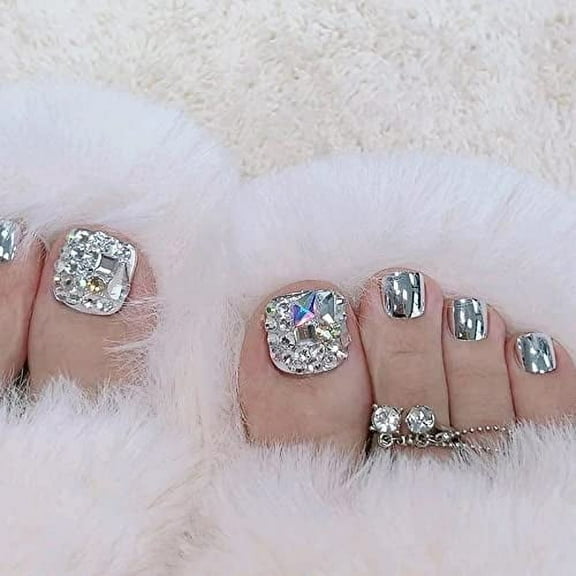 Chrome Press on Toenails Glossy Fake Toenails Glue on Toenails Flash Acrylic Toe Fake Nails Luxury 3D Rhinestone Stick on False Toenails with Design Full Cover Press-on ToeNails for Women 24pcs